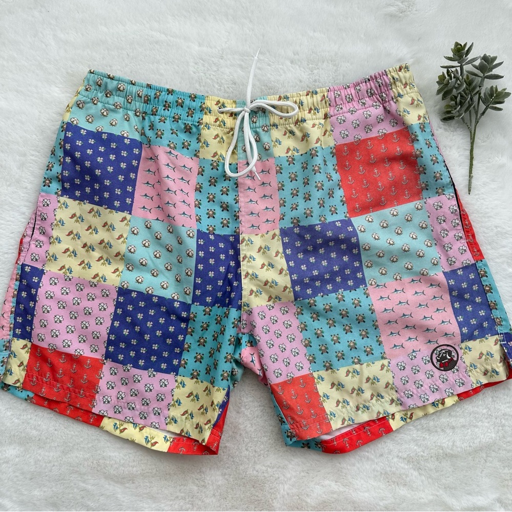 Southern Proper | EUC - Patchwork Swim Trucks - Size L - Mesh Lined - 5” Inseam